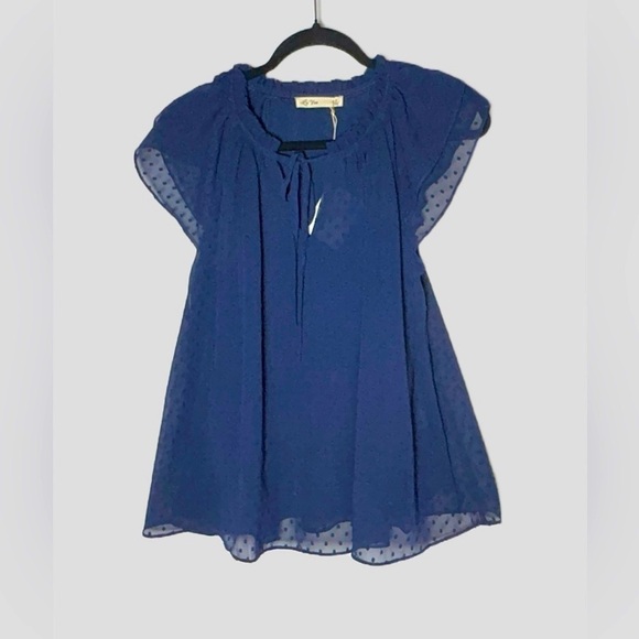 NWT Revolve La’ Ven Navy Blue Lined Swiss Dot Blouse w/ Flutter Sleeves & Tie, S - Picture 1 of 12
